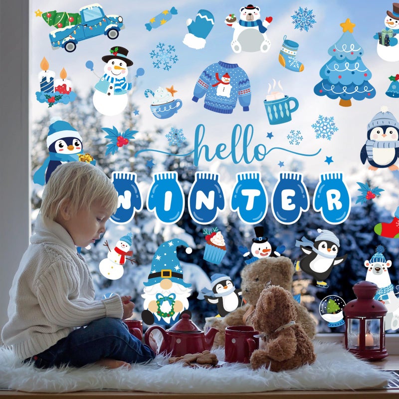 Whaline 9 Sheets Hello Winter Window Cling Stickers Blue Cartoon Penguin Snowman Bear Reusable Window Decals for Christmas Xmas Party Home Office Classroom Decoration - Image 4