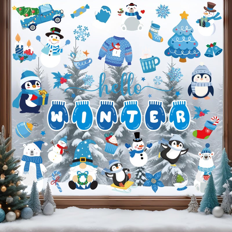 Whaline 9 Sheets Hello Winter Window Cling Stickers Blue Cartoon Penguin Snowman Bear Reusable Window Decals for Christmas Xmas Party Home Office Classroom Decoration - Image 5