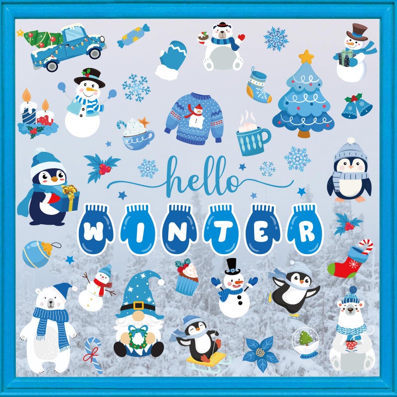 Whaline 9 Sheets Hello Winter Window Cling Stickers Blue Cartoon Penguin Snowman Bear Reusable Window Decals for Christmas Xmas Party Home Office Classroom Decoration - Image 1