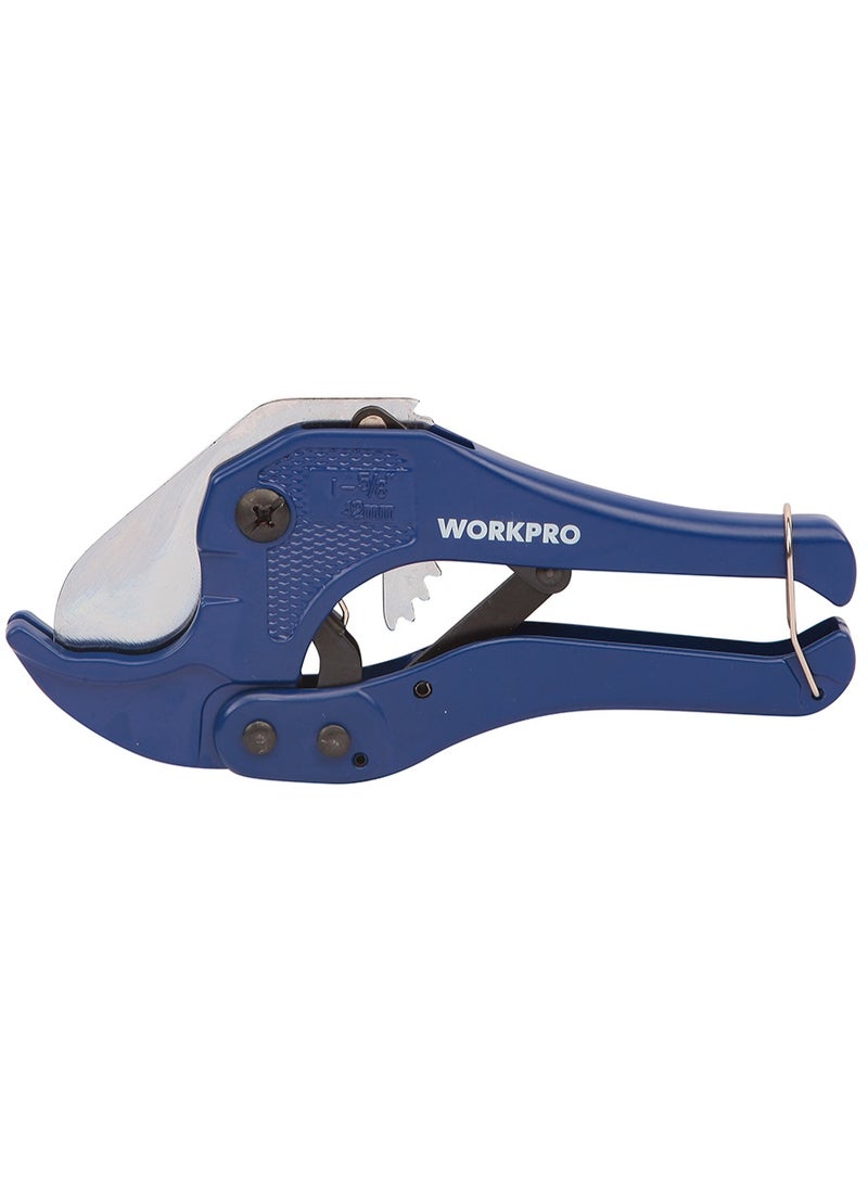 WORKPRO 42mm Ratchet PVC Pipe Cutter – Heavy Duty Automatic Plastic Tube Cutting Tool with 65 Mn Steel Blade & Lightweight Aluminum Body – Professional Hand Tool for Cutting PEX, PPR, Vinyl & Rubber Hoses, WP301002