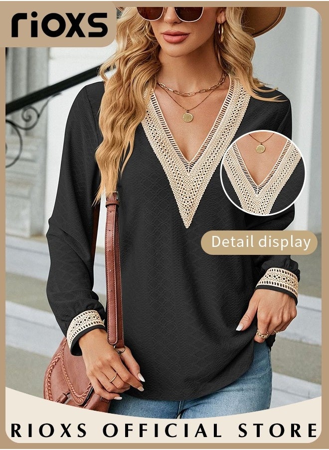 RIOXS Women's Lace Stitching Casual Blouses,V-neck Long Sleeve Sweartshirt,Knitted Lace Cuff Solid Color Jacquard Top,Soft Comfortable Pullover Shirt,Dressy Casual Trendy Tops For Work/Office/Vacation/Travel/Basic Daily Wear  - Image 3