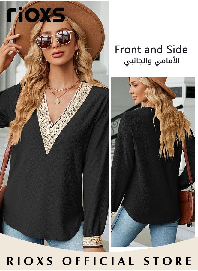 RIOXS Women's Lace Stitching Casual Blouses,V-neck Long Sleeve Sweartshirt,Knitted Lace Cuff Solid Color Jacquard Top,Soft Comfortable Pullover Shirt,Dressy Casual Trendy Tops For Work/Office/Vacation/Travel/Basic Daily Wear  - Image 4