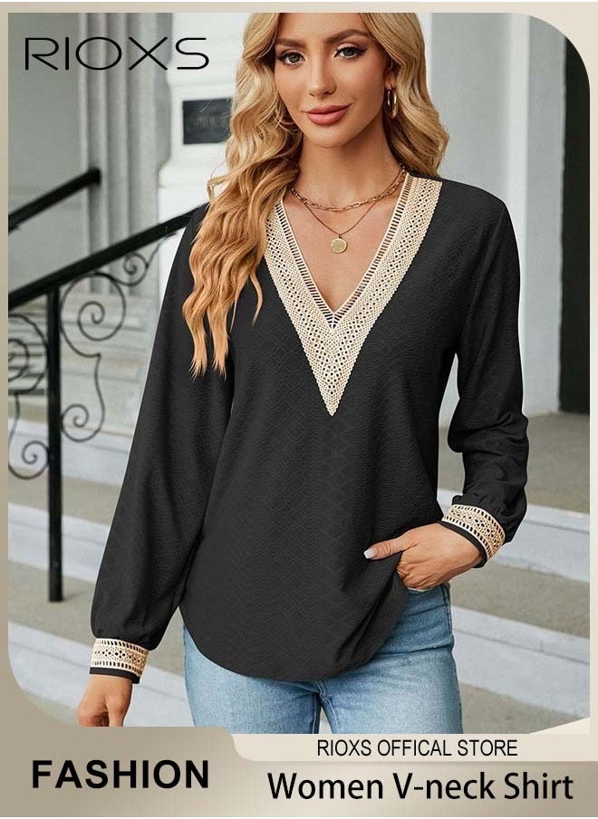 RIOXS Women's Lace Stitching Casual Blouses,V-neck Long Sleeve Sweartshirt,Knitted Lace Cuff Solid Color Jacquard Top,Soft Comfortable Pullover Shirt,Dressy Casual Trendy Tops For Work/Office/Vacation/Travel/Basic Daily Wear  - Image 1