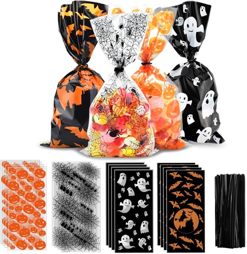 ERKOON Halloween Candy Bags 200pcs Pumpkin Spider Web Bat Ghost Print Treat Bags with Twist Ties for Halloween Party Supplies, Bulk Gift Bags for Trick-or-Treat - Image 1