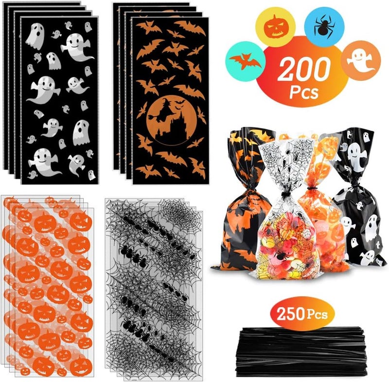 ERKOON Halloween Candy Bags 200pcs Pumpkin Spider Web Bat Ghost Print Treat Bags with Twist Ties for Halloween Party Supplies, Bulk Gift Bags for Trick-or-Treat - Image 2