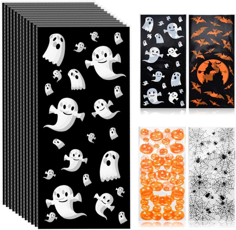 ERKOON Halloween Candy Bags 200pcs Pumpkin Spider Web Bat Ghost Print Treat Bags with Twist Ties for Halloween Party Supplies, Bulk Gift Bags for Trick-or-Treat - Image 4
