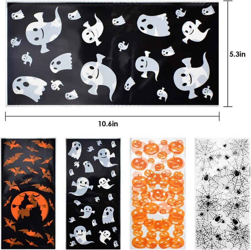 ERKOON Halloween Candy Bags 200pcs Pumpkin Spider Web Bat Ghost Print Treat Bags with Twist Ties for Halloween Party Supplies, Bulk Gift Bags for Trick-or-Treat - Image 3