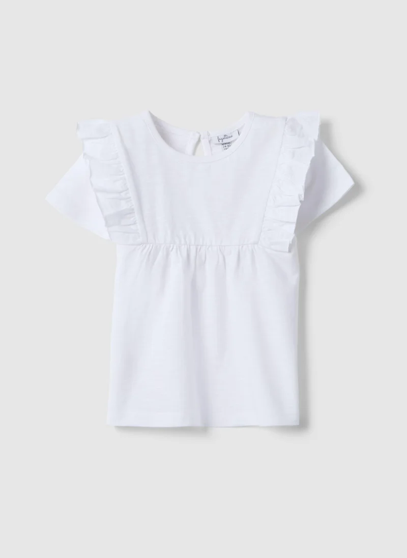 او في اس OVS Girls White Pure Cotton T-Shirt, Regular Fit, With Ruffle Sleeves