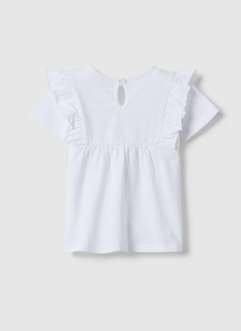او في اس OVS Girls White Pure Cotton T-Shirt, Regular Fit, With Ruffle Sleeves