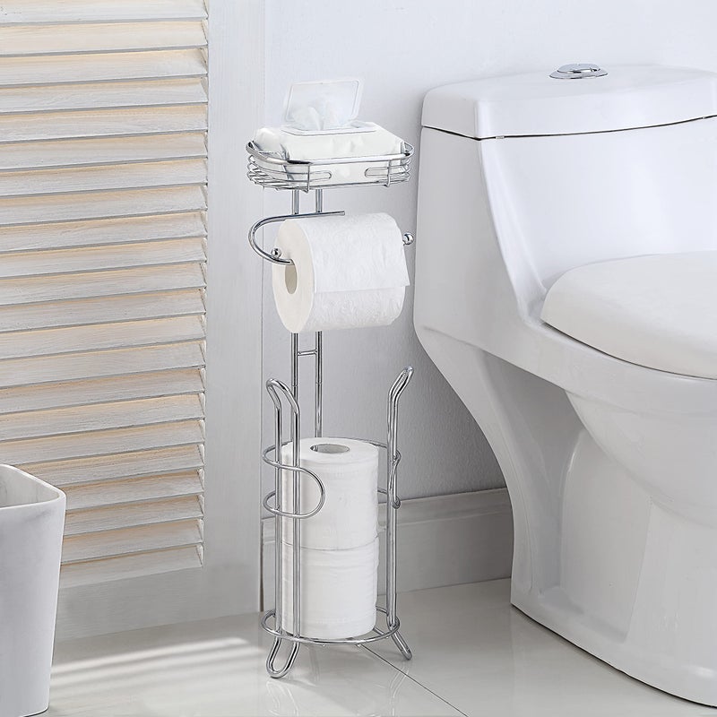 Sunnypoint Bathroom Heavyweight Toilet Tissue Paper Roll Storage Holder Stand With Reserve And Shelve  The Reserve Area Has Enough Space To Store Mega Rolls. (Chrome) - Image 2
