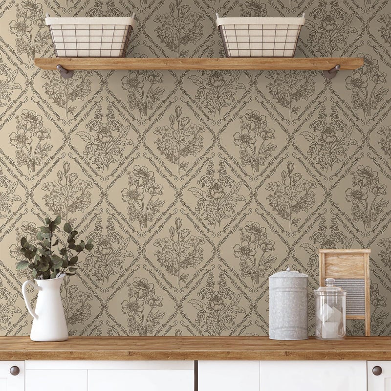 Toduso Peel and Stick Wallpaper Vintage Wall Paper Boho Contact Paper Neutral Removable Wallpaper for Kitchen Bathroom Bedroom Floral Waterproof Self Adhesive Vinyl Drawer Decor 17.3"x78.7" - Image 1