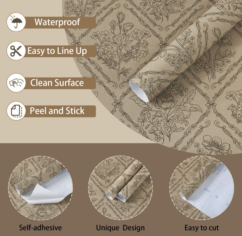 Toduso Peel and Stick Wallpaper Vintage Wall Paper Boho Contact Paper Neutral Removable Wallpaper for Kitchen Bathroom Bedroom Floral Waterproof Self Adhesive Vinyl Drawer Decor 17.3"x78.7" - Image 2