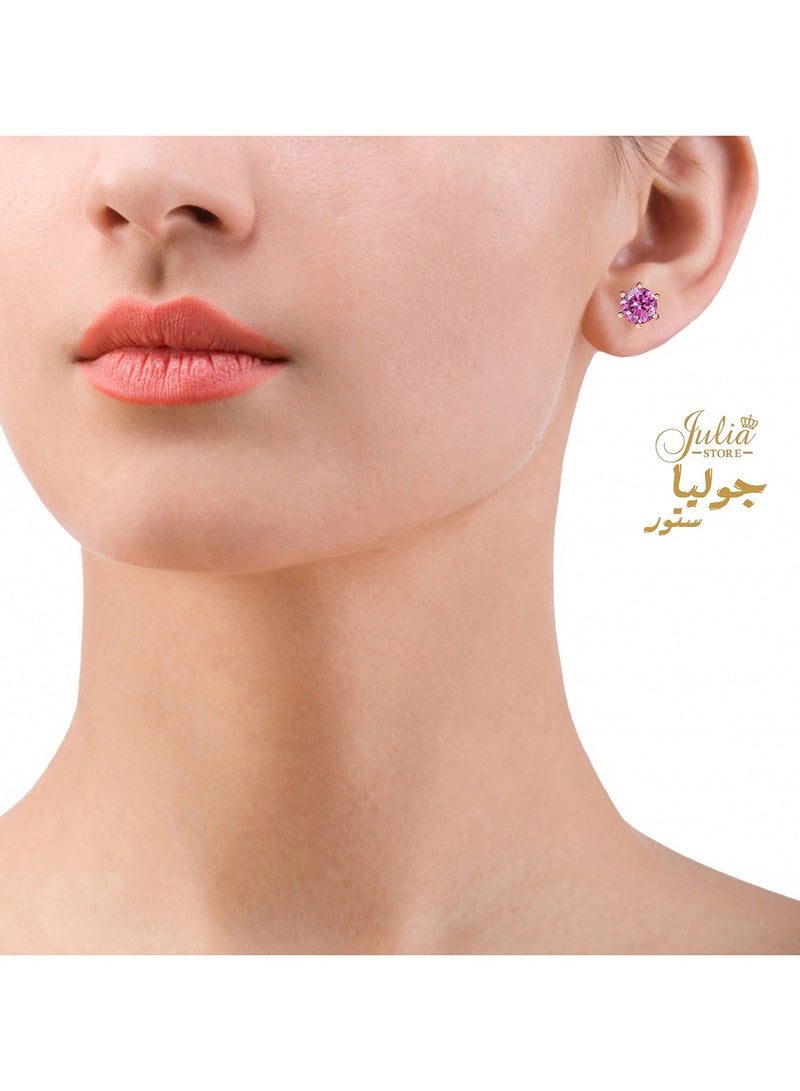 Julia Store 18K Gold Plated Stainless Steel Pink Cubic Zirconia Stud Sparkling Princess Cut Birthstone Stud Earrings for Women Birthday Jewelry  - Image 3