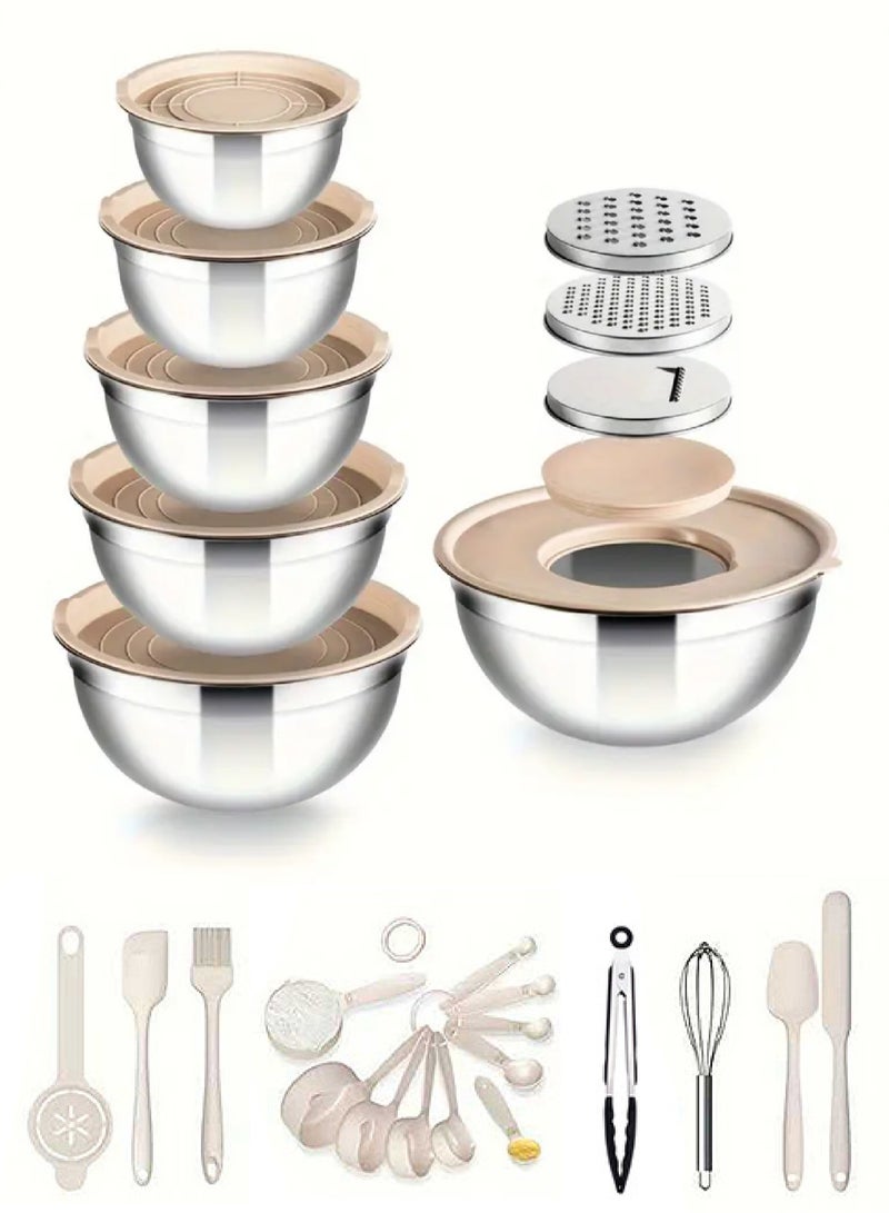 أومون مجموعة أوعية خلط من الفولاذ المقاوم للصدأ مكونة من 6 قطع مع غطاء وملحق مطحنة محكمة الإغلاق، وقاعدة وعاء غير منزلق ومجموعة أدوات المطبخ - Image 1