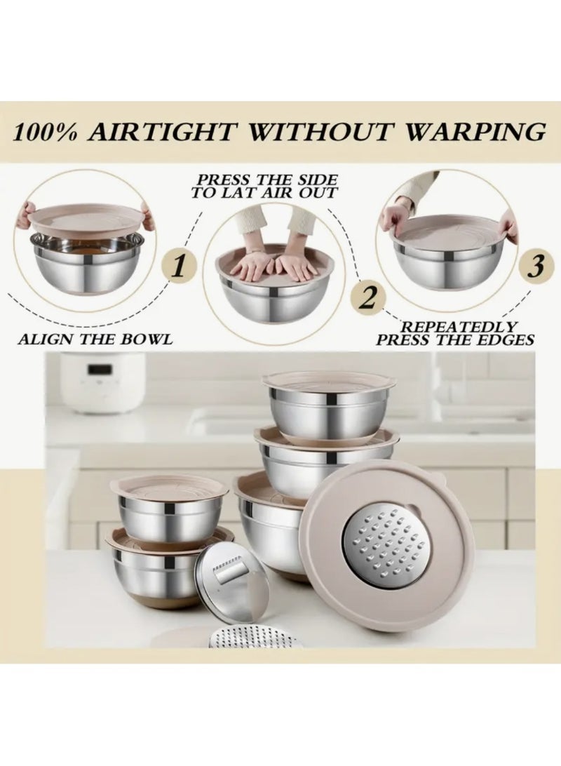 أومون مجموعة أوعية خلط من الفولاذ المقاوم للصدأ مكونة من 6 قطع مع غطاء وملحق مطحنة محكمة الإغلاق، وقاعدة وعاء غير منزلق ومجموعة أدوات المطبخ - Image 4