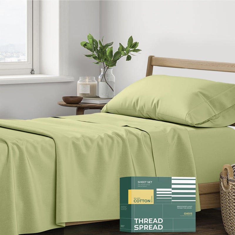 THREAD SPREAD 100% Organic Cotton Sheets Twin Size - 3 PC Organic Cotton Twin Percale Weave Sheet Set, Soft, Cooling, Crisp & Breathable, 16" Deep Pocket Bedding Set for Dorm Room - Sage Green - Image 1