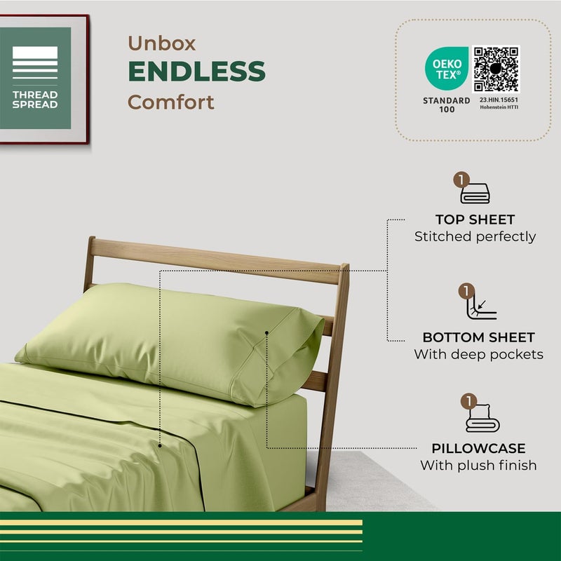 THREAD SPREAD 100% Organic Cotton Sheets Twin Size - 3 PC Organic Cotton Twin Percale Weave Sheet Set, Soft, Cooling, Crisp & Breathable, 16" Deep Pocket Bedding Set for Dorm Room - Sage Green - Image 3