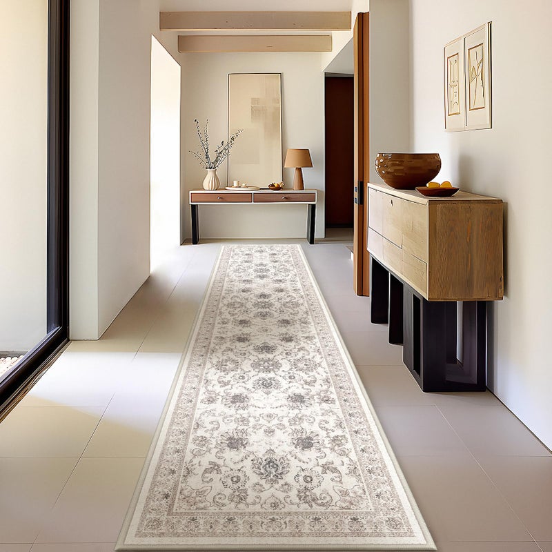 Phantoscope سجادة ممر فانتوسكوب 2x10 سجادة طويلة قابلة للغسل وغير قابلة للانزلاق للمطبخ ومدخل المنزل وغسيل الملابس وغرفة النوم سجادة رunners رقيقة للغاية سجادة لهجة عتيقة متضررة بيج محايد