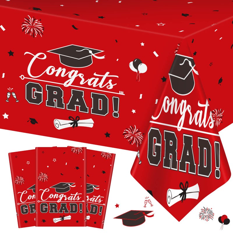 3 Pcs Graduation Tablecloth  Congrats Grad Table Cloth for Class of 2025 Disposable Plastic Rectangle Grad Table Cover for Graduation Party Decorations 2025 and Party Supplies 54 x 108 Inch Red