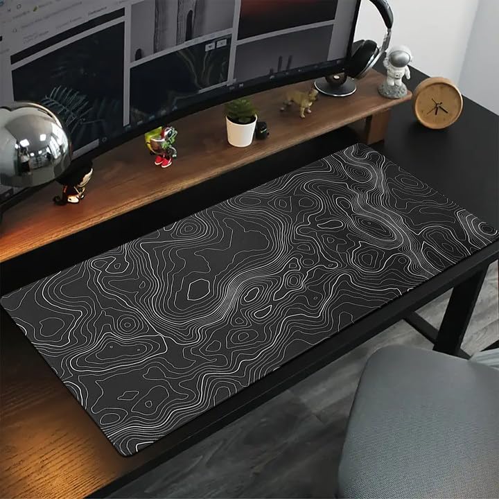 AQQA Black and White Topographic Line Mouse Pad (31.5 x11.8 in) Gaming Desk pad with Non-Slip Rubber Base,XL Professional Large Mouse Pad & Computer Game Mouse Mat for Office Laptop Men Women - Image 2