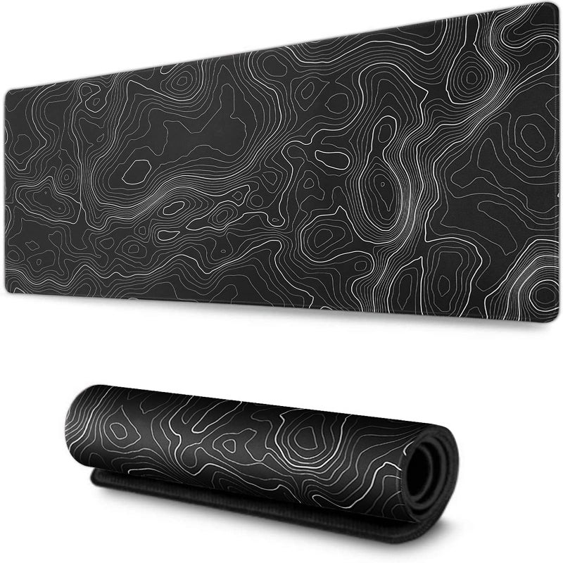 AQQA Black and White Topographic Line Mouse Pad (31.5 x11.8 in) Gaming Desk pad with Non-Slip Rubber Base,XL Professional Large Mouse Pad & Computer Game Mouse Mat for Office Laptop Men Women - Image 1