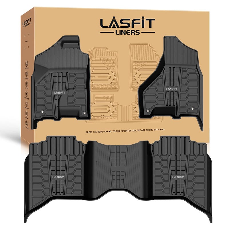 حصائر أرضية LASFIT 20132018 لدودج رام 150025003500 كرو كاب 20192024 لدودج رام 1500 كلاسيك كرو كاب 4 أبواب كاملة لجميع الأحوال الجوية TPE مصممة خصيصًا حصائر السيارة بطانة الأرضية الصف الأول والثاني باللون الأسود