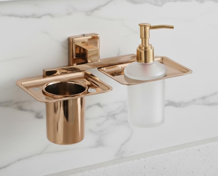 KANJAL Premium 2-in-1 Wall Mounted Toothbrush Holder & Liquid Soap Dispenser 304 Stainless Steel - Luxury Rose Gold PVD Finish - Rust-Proof Bathroom Organizer with Rose Gold Finish Steel Tumbler - Image 1
