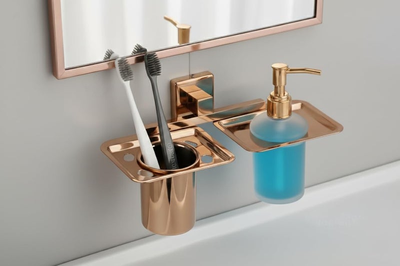 KANJAL Premium 2-in-1 Wall Mounted Toothbrush Holder & Liquid Soap Dispenser 304 Stainless Steel - Luxury Rose Gold PVD Finish - Rust-Proof Bathroom Organizer with Rose Gold Finish Steel Tumbler - Image 2