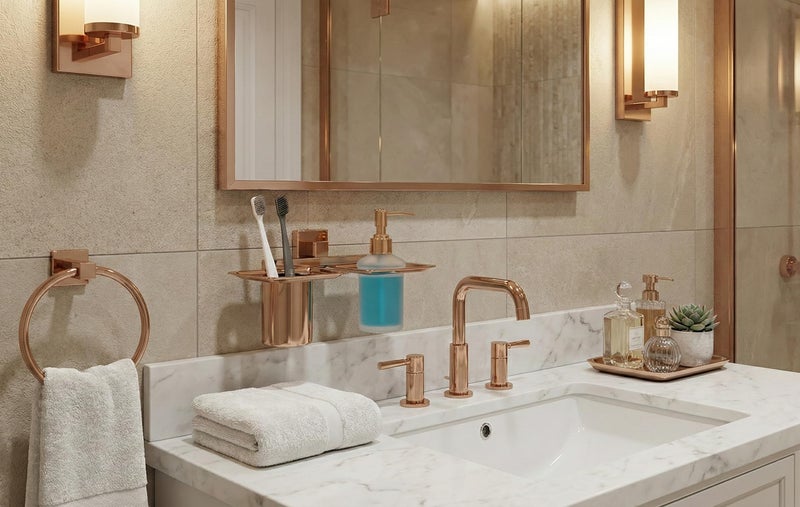 KANJAL Premium 2-in-1 Wall Mounted Toothbrush Holder & Liquid Soap Dispenser 304 Stainless Steel - Luxury Rose Gold PVD Finish - Rust-Proof Bathroom Organizer with Rose Gold Finish Steel Tumbler - Image 5