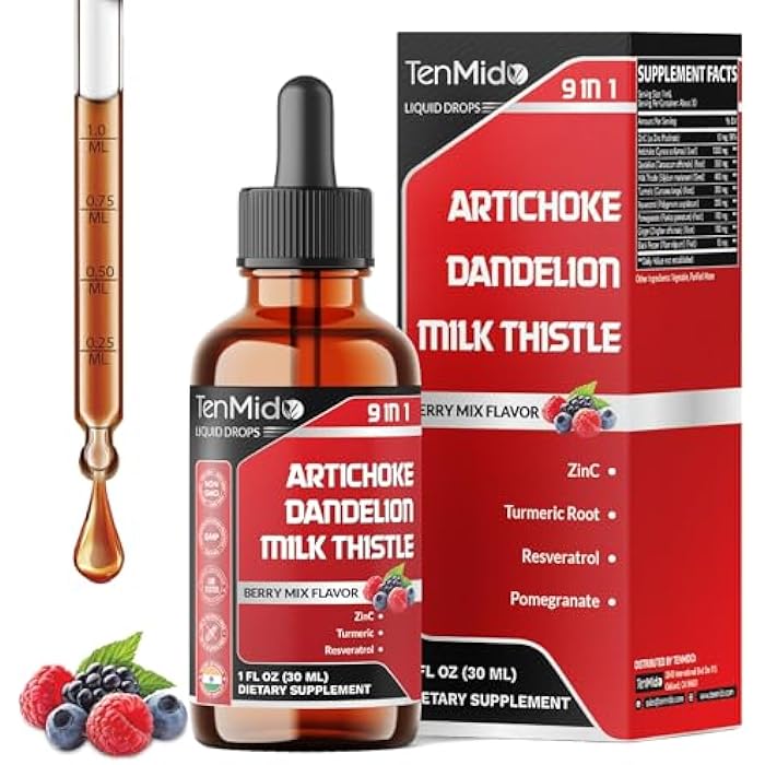 Tenmido Artichoke Extract Liquid Drops - 9in1 Herbal Supplements Liquid with Zinc, Dandelion, Milk Thistle, Turmeric, Resveratrol, Pomegranate, Ginger, and Black Pepper - 30ml 1Fl Oz - Image 1