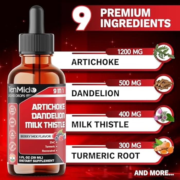 Tenmido Artichoke Extract Liquid Drops - 9in1 Herbal Supplements Liquid with Zinc, Dandelion, Milk Thistle, Turmeric, Resveratrol, Pomegranate, Ginger, and Black Pepper - 30ml 1Fl Oz - Image 3