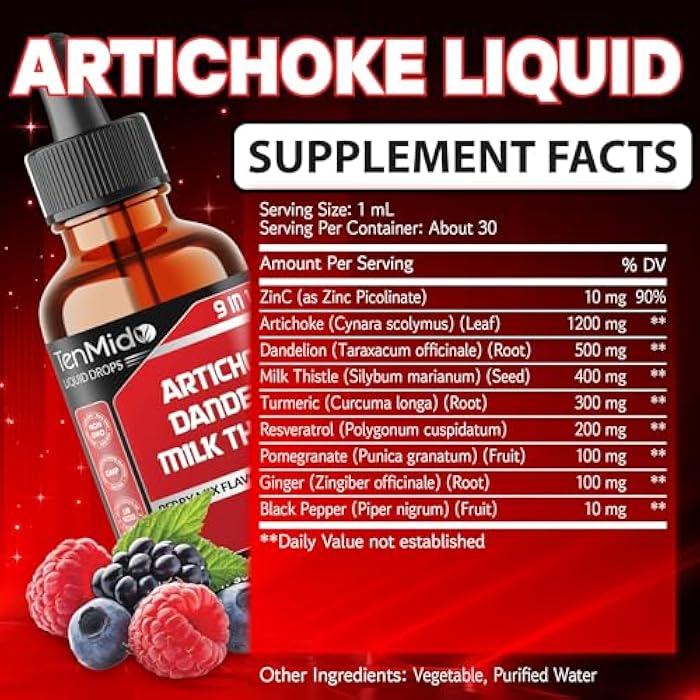 Tenmido Artichoke Extract Liquid Drops - 9in1 Herbal Supplements Liquid with Zinc, Dandelion, Milk Thistle, Turmeric, Resveratrol, Pomegranate, Ginger, and Black Pepper - 30ml 1Fl Oz - Image 2