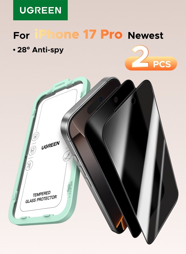 يو جرين واقي شاشة الخصوصية لهاتف آيفون 17 برو، قطعتان، [صلابة 9H] [يحجب الرؤية بزاوية 28 درجة] زجاج مقسّى مضاد للتجسس، يدعم خاصية التعرف على الوجه مع أداة تثبيت سهلة، مناسب للحافظة، مقاوم للخدش - Image 1
