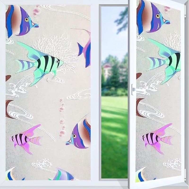 WINDOWX Love Your Window Again WINDOWX Vinyl Frosted Window Self Adhesive Privacy Glass Film for Window Glass Office Decorative Window Sticker Wallpaper Vinyl Sheet for Glass Door Bathroom Home Window Aquarium Fish Design  - Image 1