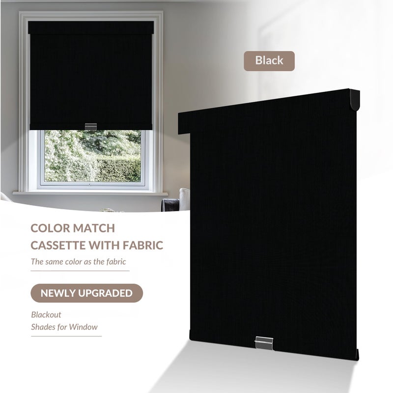 Boolegon Cordless Blackout Roller Shades for Windows, Free-Stop Linen Shades with Valance, Thermal Insulated Fabric, UV Protection Roller Blinds for Home, Office (Black, 15" W x 48" H) - Image 2