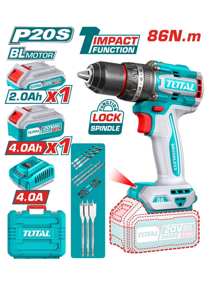 Total  Drill 86N impact  battery and 4 amp charger + 2 amp battery + accessory set and drill TIDLI20868