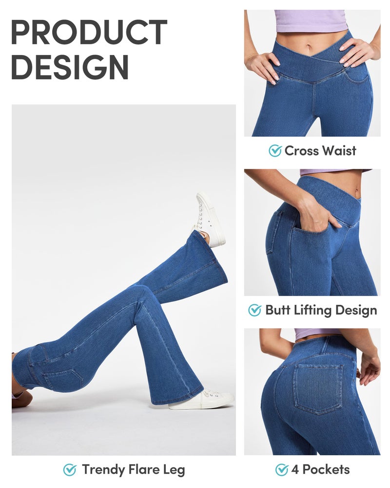 IUGA Stretchy Jeans for Women Bell Bottom Jeans V Cross High Waisted Jeggings Pull On Wide Leg Sweatpant Jean Flare Leggings(Stormy Blue, Large) - Image 4