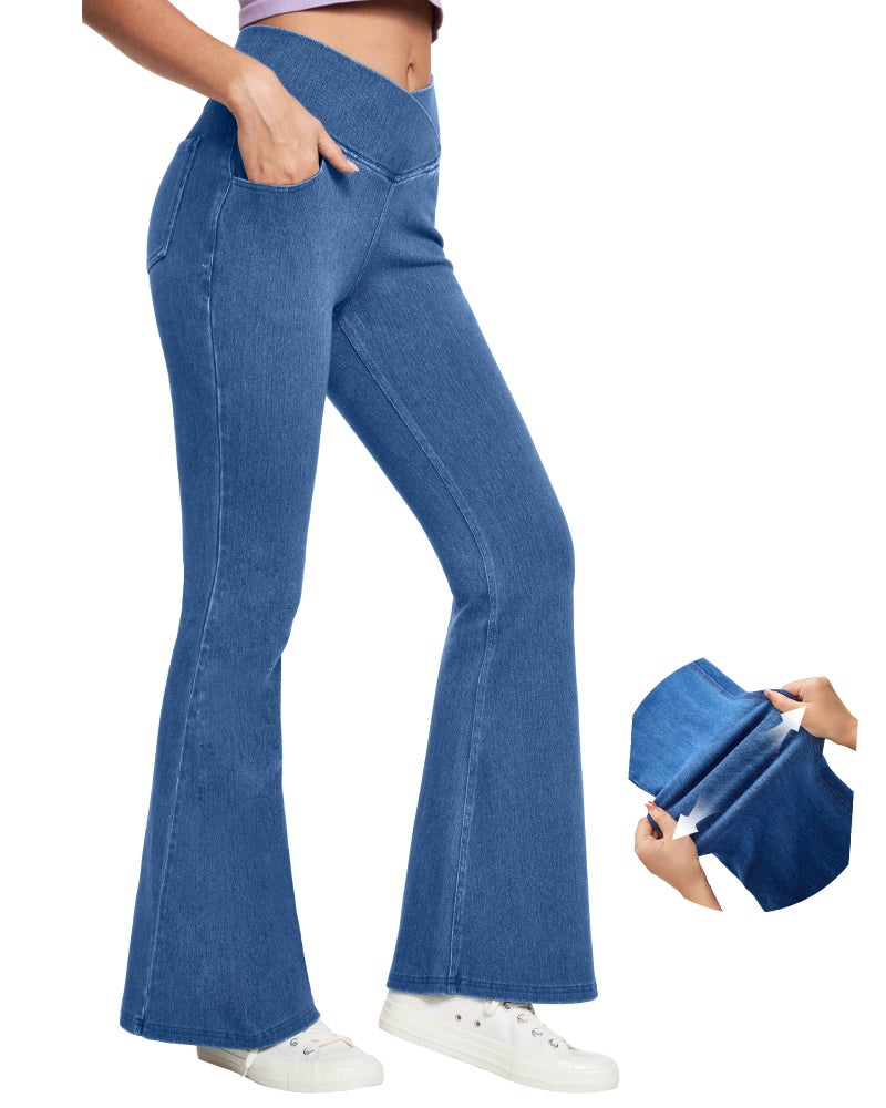 IUGA Stretchy Jeans for Women Bell Bottom Jeans V Cross High Waisted Jeggings Pull On Wide Leg Sweatpant Jean Flare Leggings(Stormy Blue, Large) - Image 1