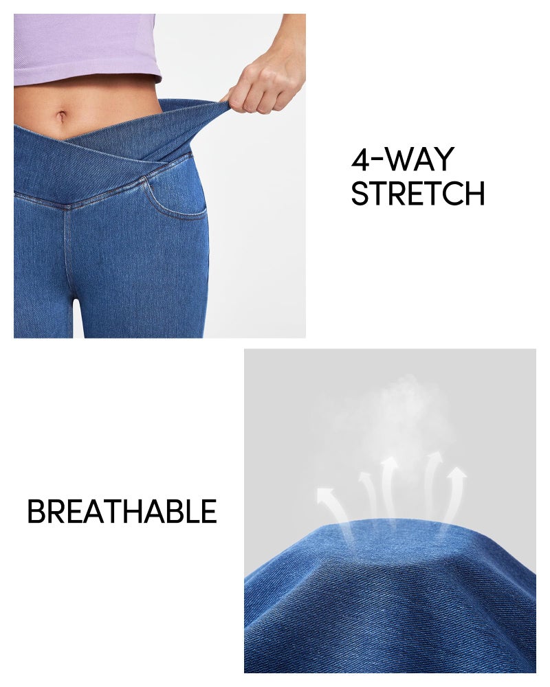 IUGA Stretchy Jeans for Women Bell Bottom Jeans V Cross High Waisted Jeggings Pull On Wide Leg Sweatpant Jean Flare Leggings(Stormy Blue, Large) - Image 5