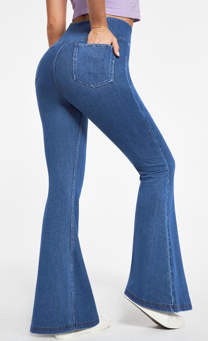 IUGA Stretchy Jeans for Women Bell Bottom Jeans V Cross High Waisted Jeggings Pull On Wide Leg Sweatpant Jean Flare Leggings(Stormy Blue, Large) - Image 2