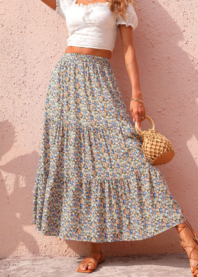 KIRUNDO Women's 2025 Fall High Waist Boho Floral Maxi Skirt Trendy Casual Flowy Swing Pleated A Line Beach Long Skirts(Navy, Small) - Image 2