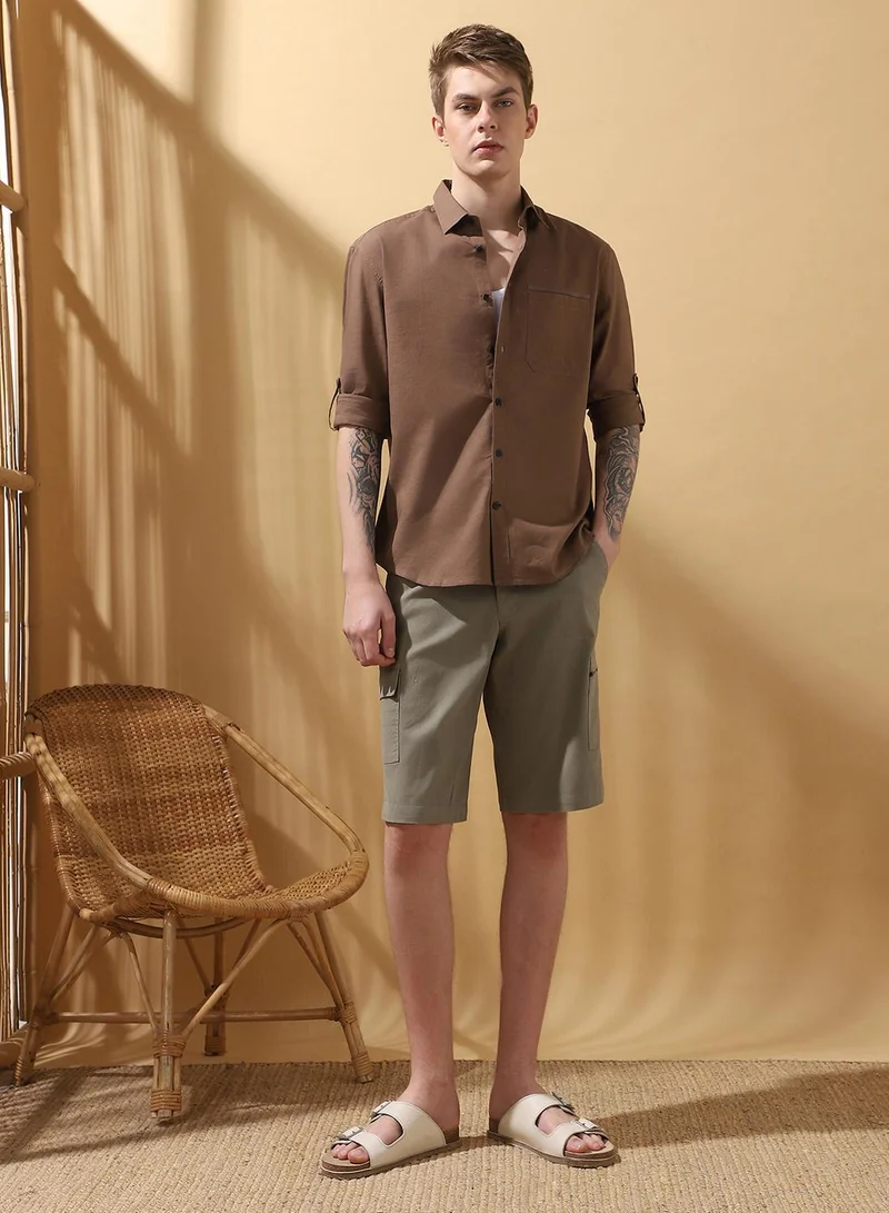Men's Sage 100% Cotton Solid Cropped Cargo Regular Fit Shorts