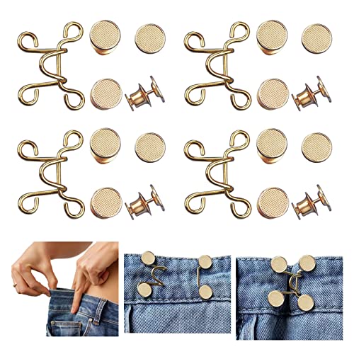 Urmspst 4 Set Pant Waist Tightener Adjustable Waist Buckle Set Extra Button for Jeans to Make Tighter Button Adjuster for Pants Jeans Skirts Sleeves Gold