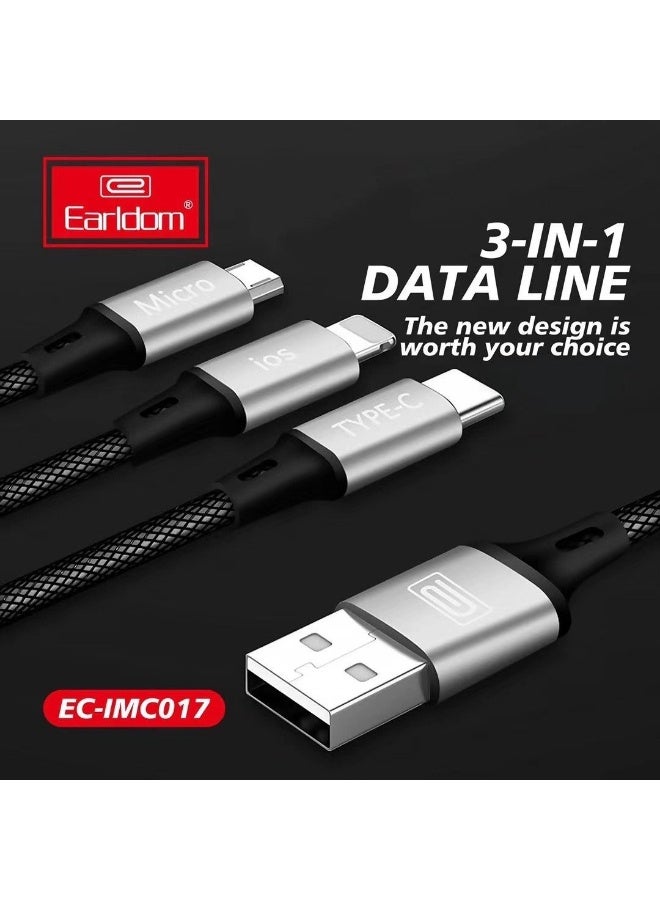Earldom Cable IMC017 USB A Fast Cable 3 in 1 Type-C / Lightning / Micro  – Black - Image 2