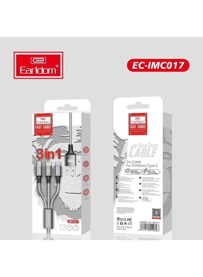 Earldom Cable IMC017 USB A Fast Cable 3 in 1 Type-C / Lightning / Micro  – Black - Image 5