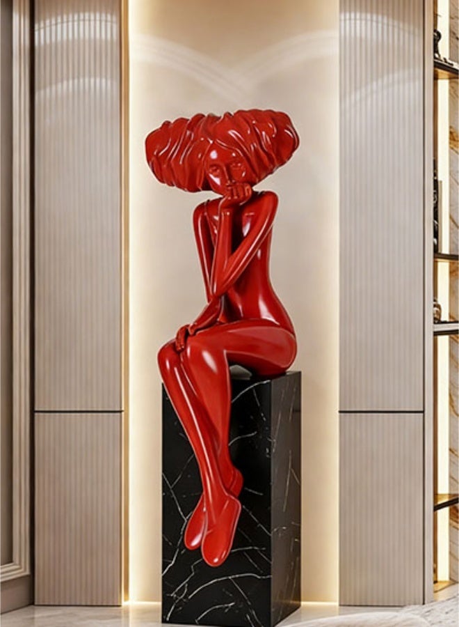 Creative Abstract Red Seated Human Figure Sculpture - Luxury Fiberglass Art Statue (Without Base), 100cm Modern Floor-Standing Decorative Piece, Suitable For Study/Dining Room/Living Room/Lobby/Shop Decoration/Cloakroom/Hotel Entrance. - Image 1