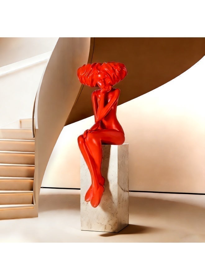Creative Abstract Red Seated Human Figure Sculpture - Luxury Fiberglass Art Statue (Without Base), 100cm Modern Floor-Standing Decorative Piece, Suitable For Study/Dining Room/Living Room/Lobby/Shop Decoration/Cloakroom/Hotel Entrance. - Image 3