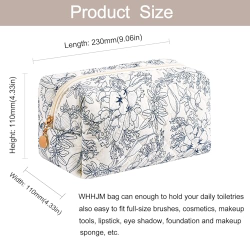 WHHJM Cute Floral Makeup Bag Small Cotton Quilted Cosmetic Bag, Aesthetic Essential Bag Emergency Bag Gift for Women Girls Travel Accessories (Navy Flowers) - Image 3