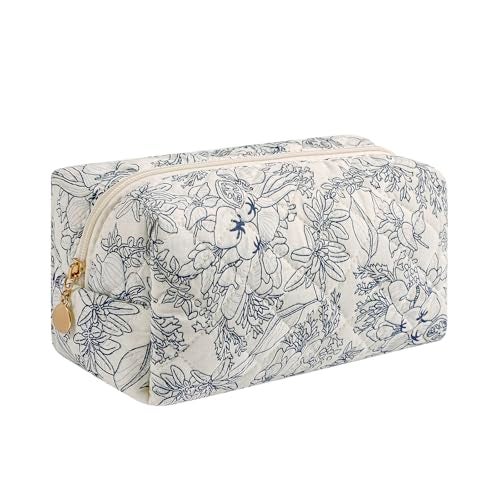 WHHJM Cute Floral Makeup Bag Small Cotton Quilted Cosmetic Bag, Aesthetic Essential Bag Emergency Bag Gift for Women Girls Travel Accessories (Navy Flowers) - Image 1