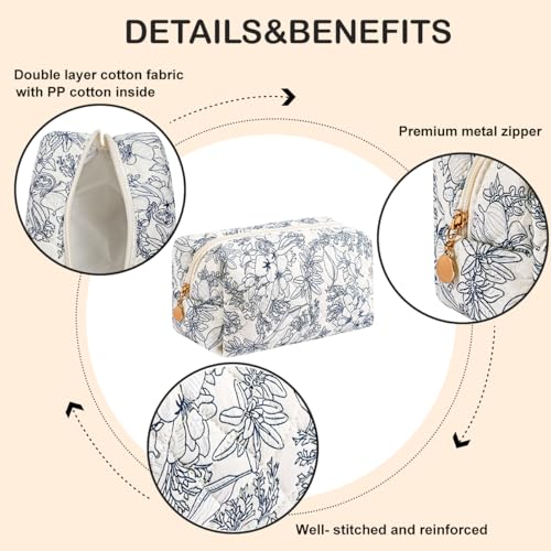 WHHJM Cute Floral Makeup Bag Small Cotton Quilted Cosmetic Bag, Aesthetic Essential Bag Emergency Bag Gift for Women Girls Travel Accessories (Navy Flowers) - Image 4